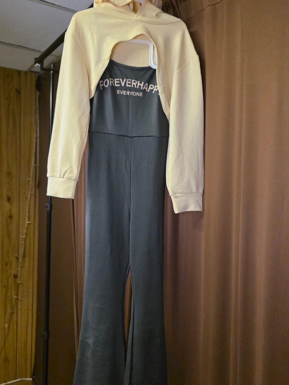 Forever 21 Black Jumpsuit with Cream Hooded Overlay